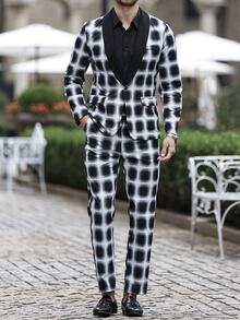 Calvornis Men's Solid Color Patchwork Front Button Closure Long Sleeve Top With Pocket & Trousers Suit Set - Black - View 2