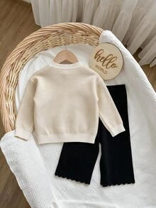 SHEIN 女嬰卡通兔子長袖單排扣針織開襟衫與針織長褲休閒套裝 - 彩色 - 查看 2