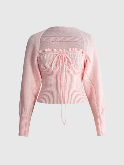 ROMWE Kawaii Conjunto de 2 piezas de suéter para mujer con top bandeau y cárdigan de manga farol, estilo dulce estético de chica blanca versátil Y2K para otoño/invierno