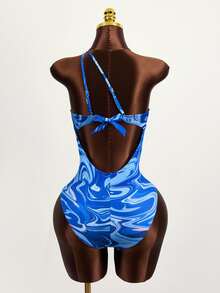 Zestiva Summer Beach Marble Print Cut Out One Shoulder One Piece Swimsuit - Blue - View 3