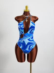 Zestiva Summer Beach Marble Print Cut Out One Shoulder One Piece Swimsuit - Blue - View 2