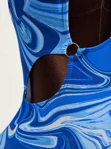 Zestiva Summer Beach Marble Print Cut Out One Shoulder One Piece Swimsuit - Blue - View 4