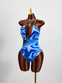 Zestiva Summer Beach Marble Print Cut Out One Shoulder One Piece Swimsuit - Blue - View 5