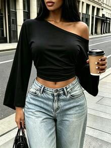 Rovax Loose Short Asymmetric Neck Long Sleeve Top Going Out Night Out Black Autumn Sexy - Black - View 3