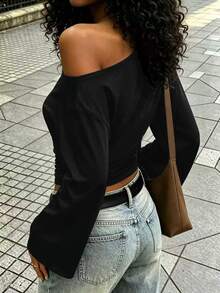 Rovax Loose Short Asymmetric Neck Long Sleeve Top Going Out Night Out Black Autumn Sexy - Black - View 2