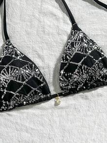 Costavie Swim Basics 1件式上衣 春夏海灘度假 亮片紋理面料 珍珠裝飾 綁脖三角杯性感比基尼上衣 - 彩色 - 查看 4