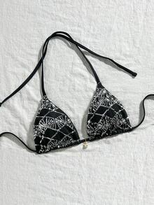 Costavie Swim Basics 1件式上衣 春夏海灘度假 亮片紋理面料 珍珠裝飾 綁脖三角杯性感比基尼上衣 - 彩色 - 查看 3