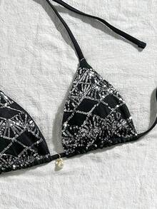 Costavie Swim Basics 1件式上衣 春夏海灘度假 亮片紋理面料 珍珠裝飾 綁脖三角杯性感比基尼上衣 - 彩色 - 查看 7