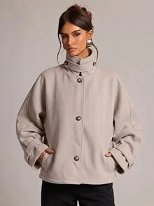 SHEIN BAE Women's Elegant High Neck Button Long Sleeve Overcoat Office Light Brown Fall - Brown - View 3