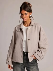 SHEIN BAE Women's Elegant High Neck Button Long Sleeve Overcoat Office Light Brown Fall - Brown - View 4