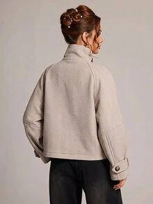 SHEIN BAE Women's Elegant High Neck Button Long Sleeve Overcoat Office Light Brown Fall - Brown - View 2