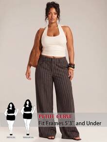 SHEIN PETITE CURVE 大尺碼時尚通勤條紋寬腿褲 教師節辦公室半正式晚餐深綠色秋季休閒 - 棕色 - 查看 2