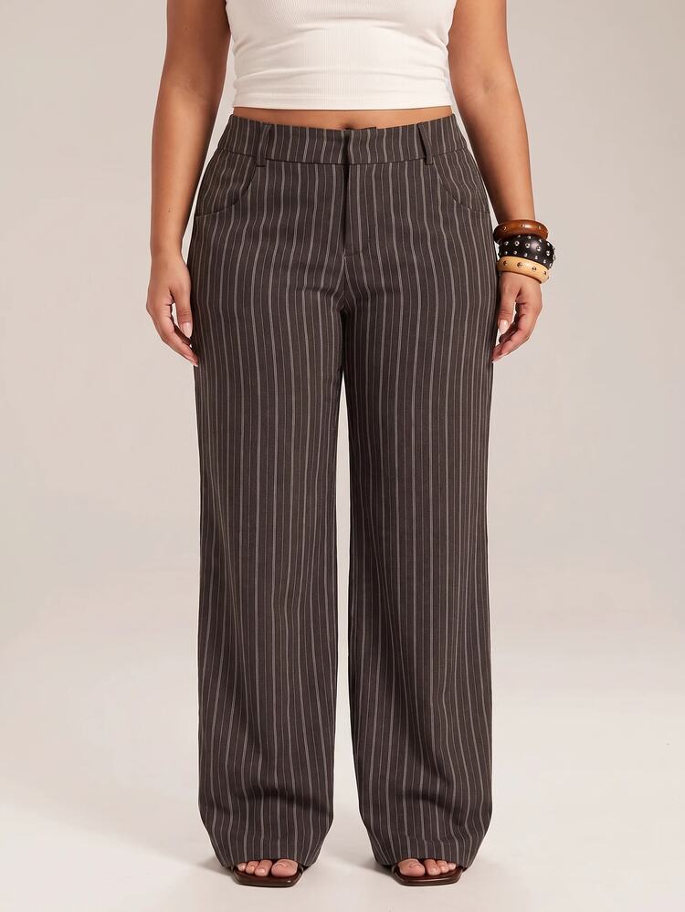 SHEIN PETITE CURVE Plus Size Fashion Commuter Striped Wide Leg Pants Teachers' Day Office Semi Formal Dinner Dark Green Autumn Casual Fall - Brown - View 5