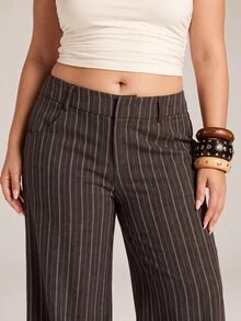 SHEIN PETITE CURVE 大尺碼時尚通勤條紋寬腿褲 教師節辦公室半正式晚餐深綠色秋季休閒 - 棕色 - 查看 8