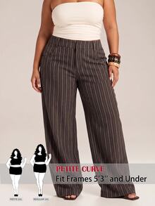 SHEIN PETITE CURVE 大尺碼時尚通勤條紋寬腿褲 教師節辦公室半正式晚餐深綠色秋季休閒 - 棕色 - 查看 1
