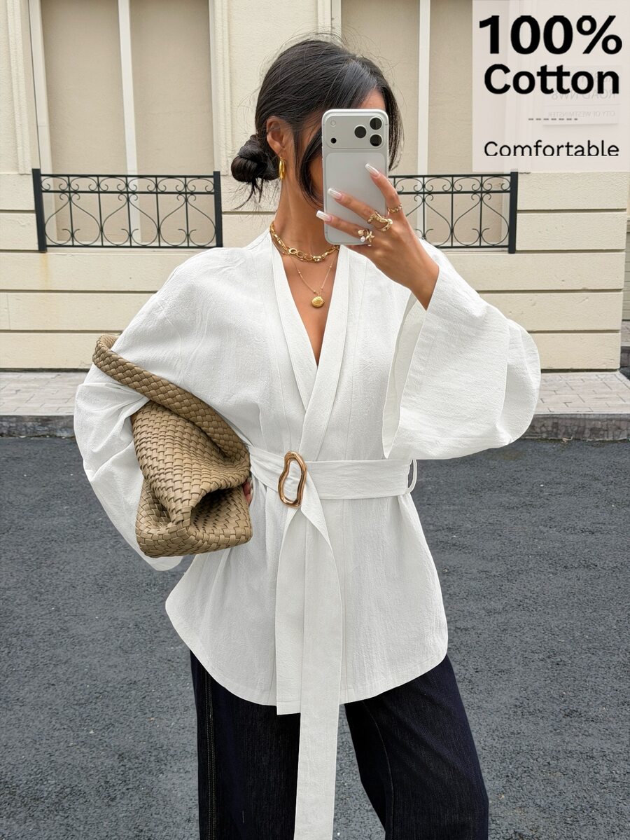 Siren Gaze 100 Pure Cotton Cinched Waist Metal Buckle Belt Long Sleeve ...