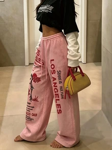 Rovax Women's Letter Print Casual Daily Sweatpants - Multicolor - View 3