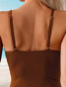 Swim Basics 女士纯色荷叶边系带休闲度假连体泳衣 - 咖啡棕 - 查看 4