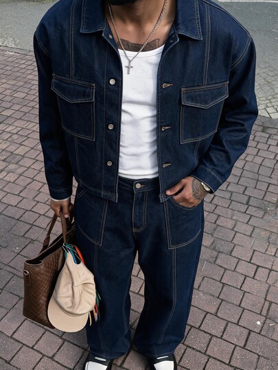 AXEPEAK Men's Streetwear Washed Blue Denim Jacket And Pants Set