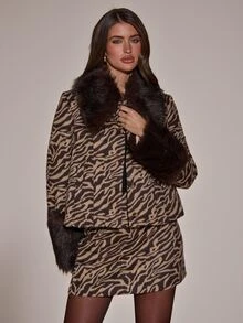 SHEIN BAE 女款毛絨拼接時尚百搭日常穿搭大衣 - 彩色 - 查看 4