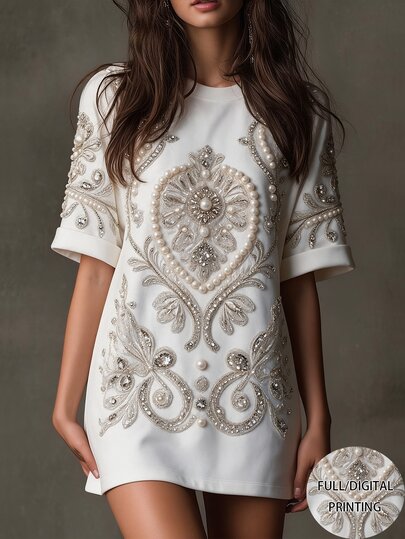 Selianne Vestido blanco de cuello redondo para mujer con estampado floral barroco ornamentado, adornado con perlas y cristales, mangas cortas con puños, suelto, casual, elegante, para uso diario, cena y verano
