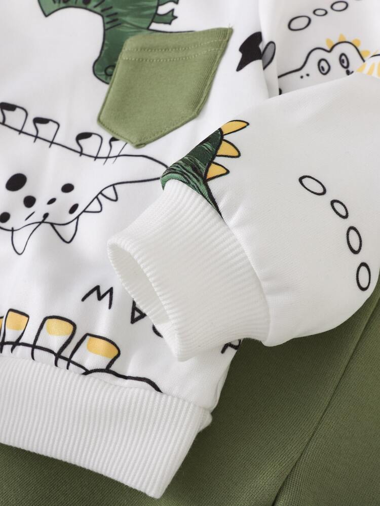 Cozy Pixies Baby Boy Knit Cartoon Dinosaur Pattern Single Pocket Crew Neck Cute Sweatshirt Long Pants 2 Pieces Set Family Matching Club Autumn - Multicolor - View 7