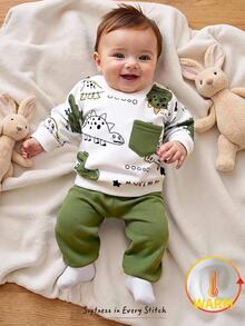 Cozy Pixies Baby Boy Knit Cartoon Dinosaur Pattern Single Pocket Crew Neck Cute Sweatshirt Long Pants 2 Pieces Set Family Matching Club Autumn - Multicolor - View 3