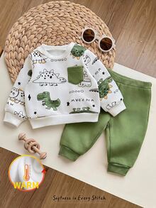 Cozy Pixies Baby Boy Knit Cartoon Dinosaur Pattern Single Pocket Crew Neck Cute Sweatshirt Long Pants 2 Pieces Set Family Matching Club Autumn - Multicolor - View 4