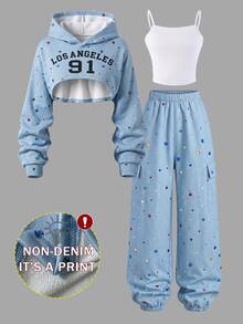 SHEIN Sparklyn 3pcs/Set Girls Camouflage Pattern Sweatshirt Top & Camouflage Casual Tapered Leg Pants Set, Suitable For Spring/Autumn Daily Wear, Fall Outfits - Multicolor - View 3