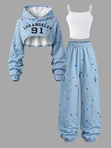 SHEIN Sparklyn 3pcs/Set Girls Camouflage Pattern Sweatshirt Top & Camouflage Casual Tapered Leg Pants Set, Suitable For Spring/Autumn Daily Wear, Fall Outfits - Multicolor - View 4