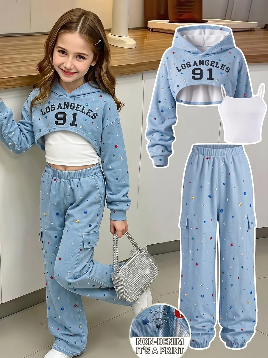SHEIN Sparklyn 3pcs/Set Girls Camouflage Pattern Sweatshirt Top & Camouflage Casual Tapered Leg Pants Set, Suitable For Spring/Autumn Daily Wear, Fall Outfits - Multicolor - View 1