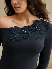 Anewsta 優雅 3D 花卉刺繡串珠修身不對稱單肩斜領針織 T-shirt 上衣，適合節慶、外出晚餐與早午餐，海軍藍，秋冬款 - 藏蓝色 - 查看 8