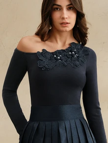 Anewsta 優雅 3D 花卉刺繡串珠修身不對稱單肩斜領針織 T-shirt 上衣，適合節慶、外出晚餐與早午餐，海軍藍，秋冬款 - 藏蓝色 - 查看 5