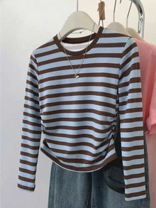 SHEIN 兒童青少年女孩秋季藍色與棕色條紋長袖T恤，休閒百搭日常穿著 - 彩色 - 查看 4