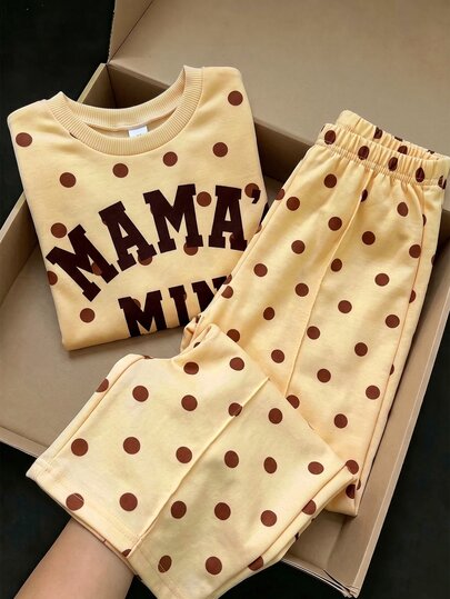 SHEIN Elladie kids 2pcs Casual Polka Dot & Letter Print Crew Neck Long Sleeve Pullover Sweatshirt, Paired With Straight Leg Pants With Center Seam Design, Sweatshirt Set