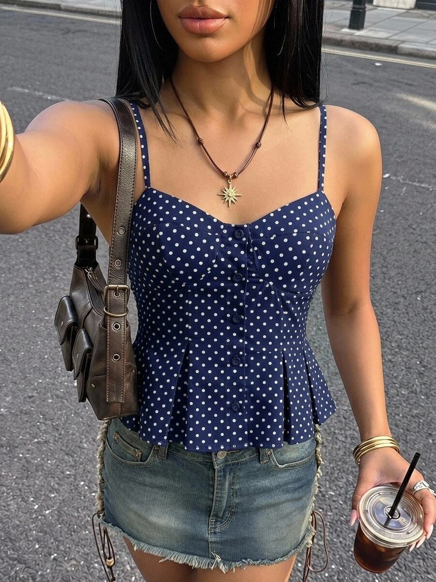 SHEIN ICON 女款 A 字版型海軍藍波點夏季度假休閒法式復古鈕扣前襟百褶細肩帶上衣 早午餐穿搭 - 藏蓝色 - 查看 1