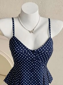SHEIN ICON 女款 A 字版型海軍藍波點夏季度假休閒法式復古鈕扣前襟百褶細肩帶上衣 早午餐穿搭 - 藏蓝色 - 查看 6