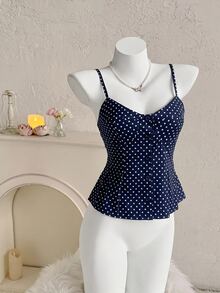 SHEIN ICON 女款 A 字版型海軍藍波點夏季度假休閒法式復古鈕扣前襟百褶細肩帶上衣 早午餐穿搭 - 藏蓝色 - 查看 3