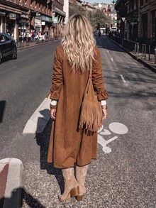 SHEIN LilyWest Women's Solid Color Casual Versatile Daily Travel Trench Coat Jacket - Brown - View 2
