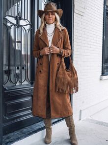SHEIN LilyWest Women's Solid Color Casual Versatile Daily Travel Trench Coat Jacket - Brown - View 8