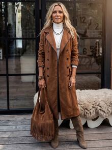 SHEIN LilyWest Women's Solid Color Casual Versatile Daily Travel Trench Coat Jacket - Brown - View 3