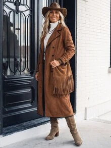 SHEIN LilyWest Women's Solid Color Casual Versatile Daily Travel Trench Coat Jacket - Brown - View 6