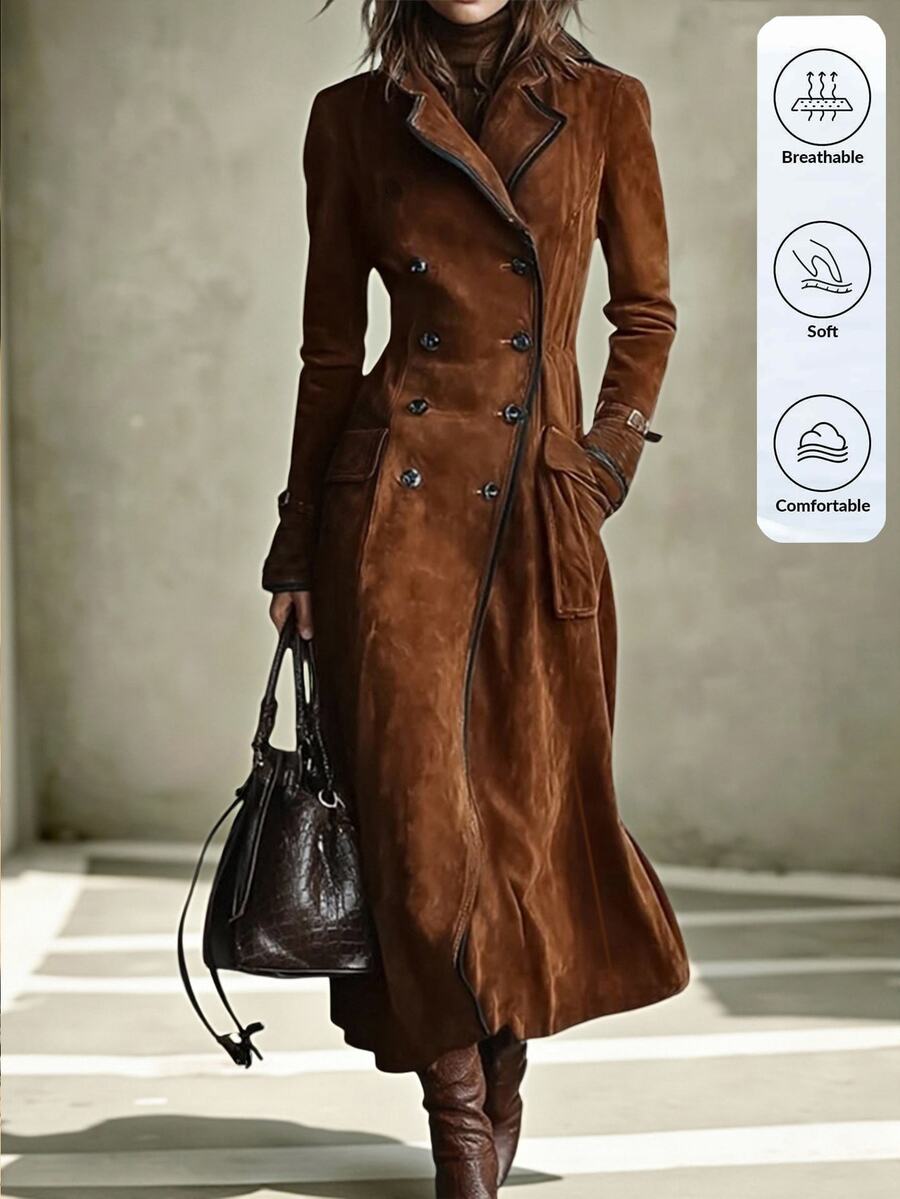 SHEIN LilyWest Women's Solid Color Casual Versatile Daily Travel Trench Coat Jacket - Brown - View 1