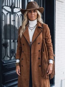 SHEIN LilyWest Women's Solid Color Casual Versatile Daily Travel Trench Coat Jacket - Brown - View 9