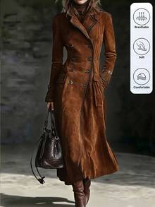 SHEIN LilyWest Women's Solid Color Casual Versatile Daily Travel Trench Coat Jacket - Brown - View 5