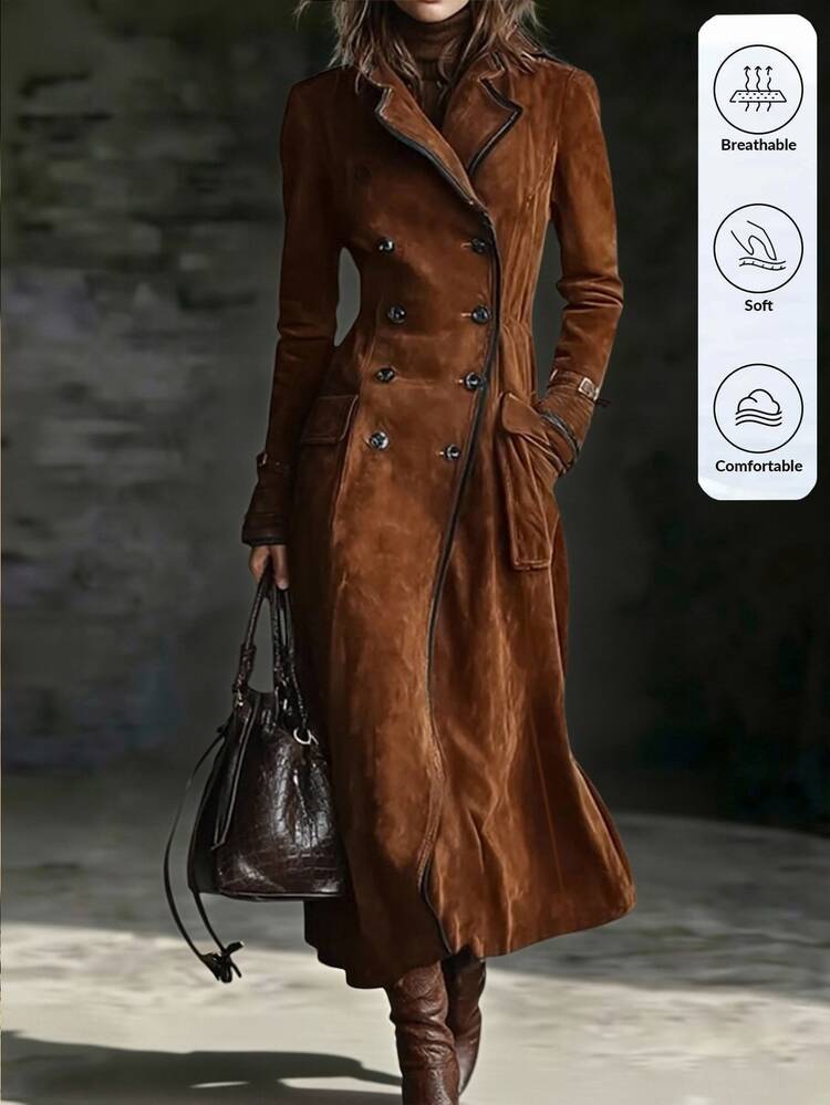 SHEIN LilyWest 女款純色休閒百搭日常旅行風衣外套 - 棕色 - 查看 5