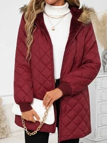 SHEIN Clasi Mantel Musim Dingin Wanita dengan Kerah Bulu Imitasi, Patchwork, Saku Pengencang Pinggang, dan Bantalan. - Burgundy - View 3