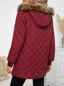 SHEIN Clasi Mantel Musim Dingin Wanita dengan Kerah Bulu Imitasi, Patchwork, Saku Pengencang Pinggang, dan Bantalan. - Burgundy - View 2