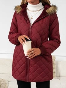 SHEIN Clasi Mantel Musim Dingin Wanita dengan Kerah Bulu Imitasi, Patchwork, Saku Pengencang Pinggang, dan Bantalan. - Burgundy - View 5