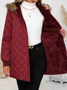 SHEIN Clasi Mantel Musim Dingin Wanita dengan Kerah Bulu Imitasi, Patchwork, Saku Pengencang Pinggang, dan Bantalan. - Burgundy - View 7